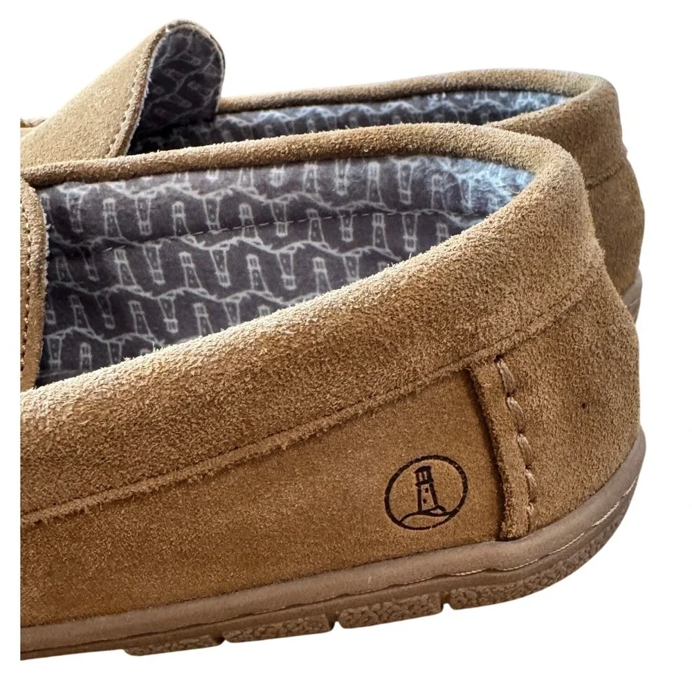 Lands' End Moccasin Slippers Mens 11 Tan Suede Whipstitch Indoor Outdoor
